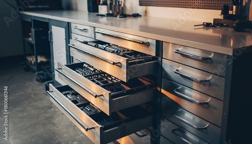 Industrial Metal Tool Storage Drawers in Workshop or Garage Setting