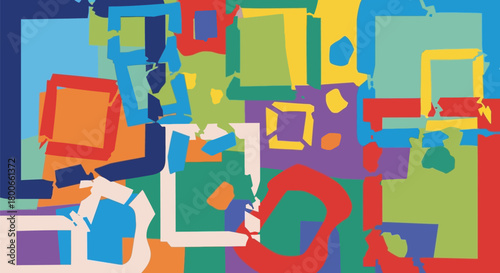 Dynamic abstract composition of geometric shapes with vibrant and contrasting color