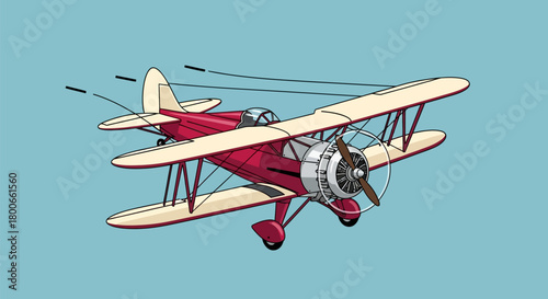 Vintage Biplane Aircraft Illustration in Flight Against a Clear Blue Sky Backdrop