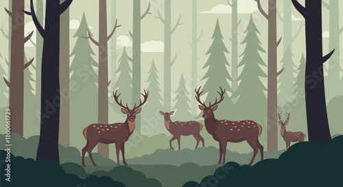 Serene forest scene featuring a group of majestic deer in a calm and peaceful setting with tall