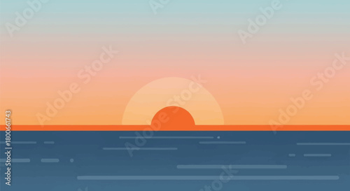 Minimalist serene sunset illustration with ocean and pastel sky for peaceful backgrounds