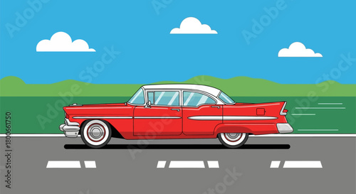Vibrant classic red car cruising on a scenic highway with blue sky and clouds artwork