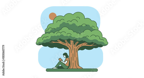 A serene illustration of a woman reading under a lush green tree, embodying tranquility and