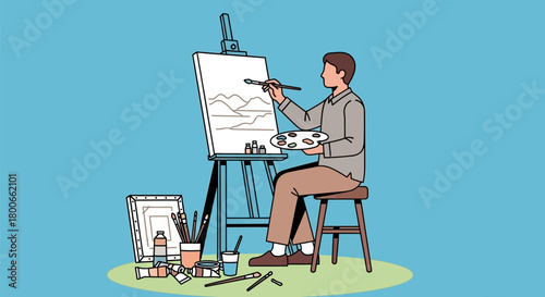 Illustrative depiction of a man engaged in painting on a canvas with brushes and paints