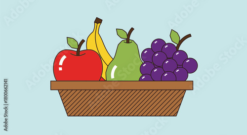 Illustration of a basket filled with fresh fruits, including apple, banana, pear and grapes