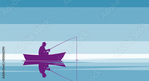 A serene illustration of a man fishing in a boat, casting a line into calm waters, evoking