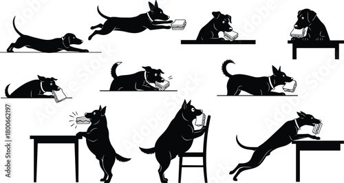 Dog reading book silhouette, funny pet poses, animal study concept, canine education humor, black vector art, learning theme illustration