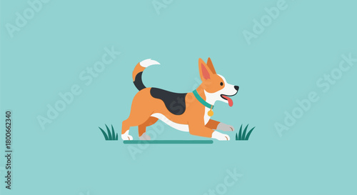 Illustration of a playful dog running in a field against a blue background with green grass