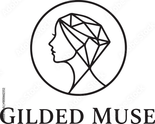 Minimalist Line Art Logo featuring a Woman's Profile and a Geometric Diamond Shape, conveying concepts of Beauty, Luxury, and Elegance, with the Gilded Muse brand name.