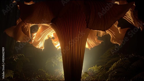 Giant Bioluminescent Mushroom Glowing in a Dark Magical Forest.