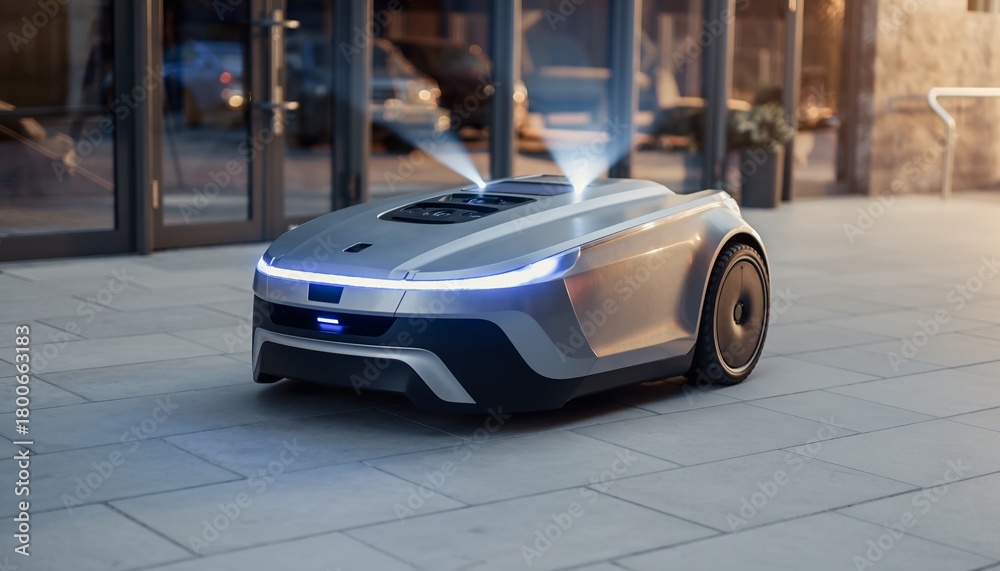 Obraz premium Autonomous Delivery Robot Moving on City Sidewalk in Modern Urban Environment