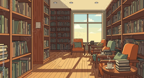 Cozy library interior illustration with warm sunlight, inviting armchairs and bookshelves