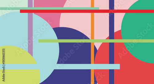 Geometric composition with intersecting circles and colorful lines, modern art style