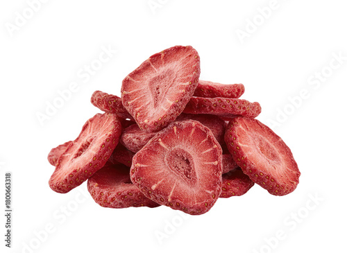 Heap of dried strawberry slices on transparent backdrop for healthy snack
