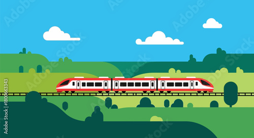 Modern train on the railroad tracks speeding through a green landscape with blue sky and white