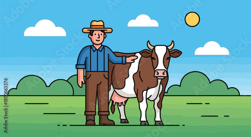 Cartoon style illustration showcasing a farmer and his cow in a picturesque landscape