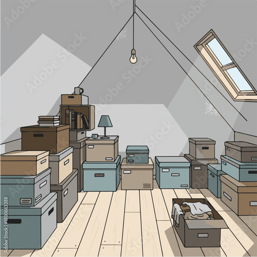 Muted Color Vector Illustration of a Cluttered Attic with Stacked Storage Boxes