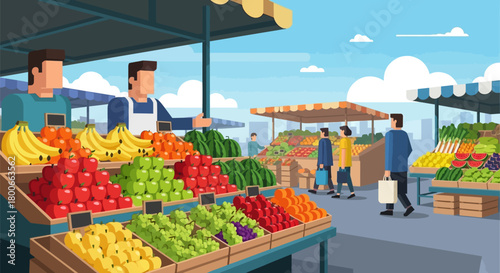 Vibrant vector illustration of a bustling farmer's market with fresh produce and shoppers