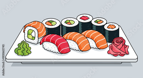 Delicious and Colorful Sushi Assortment on a White Plate with Traditional Garnishes Cartoon Style