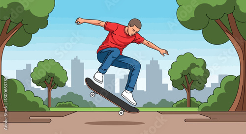 Skateboarder performing trick mid-air in park with city skyline illustration style