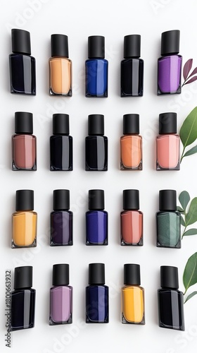 A variety of nail polish bottles in different colors are neatly arranged on a white surface, with a few green leaves adding a natural touch.