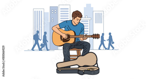 Street Musician performing with guitar in urban setting drawing artistic illustration