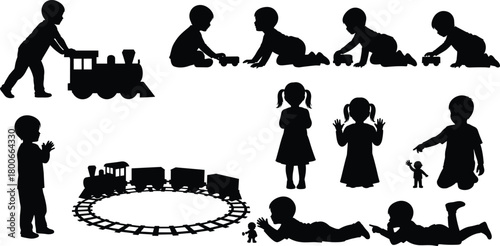 Children playing with toy trains, silhouette kids activity, crawling, sitting, standing, teamwork, early childhood, black vector, playful interaction