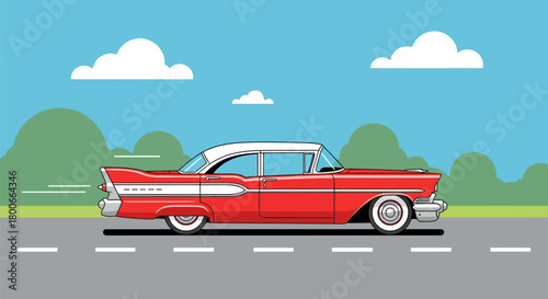 Vintage red car illustration driving on a picturesque road with clouds and green hills in the