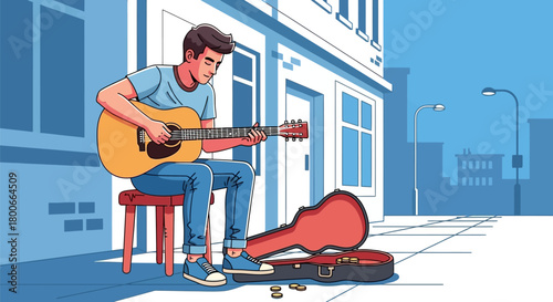 Young Musician Serenading the City Streets: A Cartoon Illustration of Urban Performance