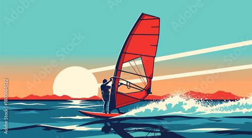 Vector Illustration of Windsurfer at Sunset: A Dynamic Watersport Scene Depicting Freedom and