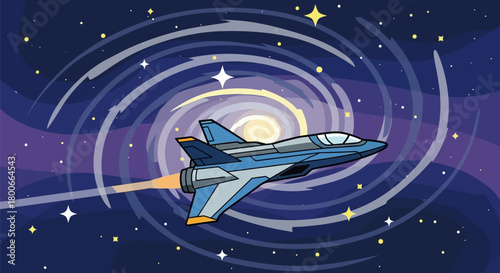 Cartoon spaceship flying through a vibrant galaxy with swirling stars and cosmic dust illustration