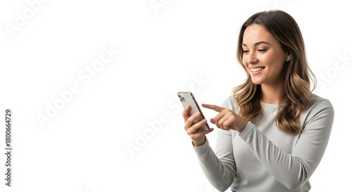 Woman enjoys using smartphone, engaging with mobile app or social media