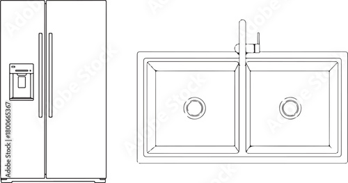 Vector Outline Drawing of Refrigerator and Kitchen Sink Appliances