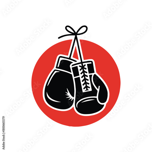 boxing gloves hanging over red circle vector emblem logo for gym