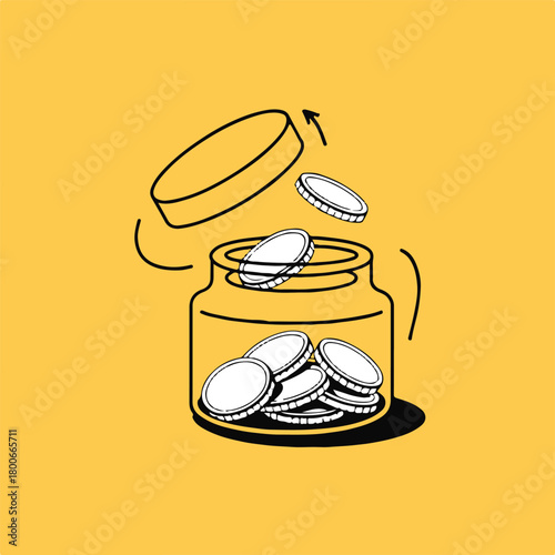 savings jar icon with coins and open lid flat line drawing finance symbol