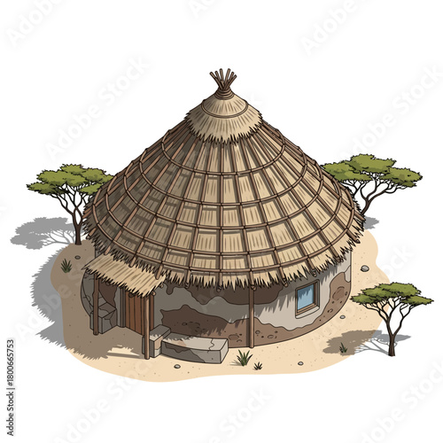 Cartoon african hut house with a straw roof and trees on isolated background
