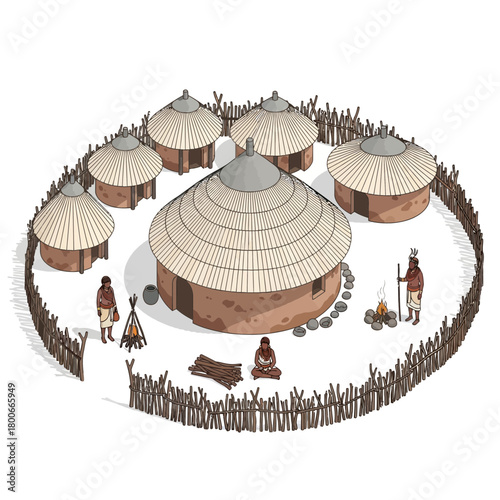 Indigenous village with traditional huts surrounded by a defensive stockade