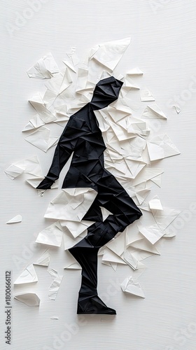 A black origami figure is depicted emerging from a chaotic pile of white crumpled paper, creating a striking contrast.