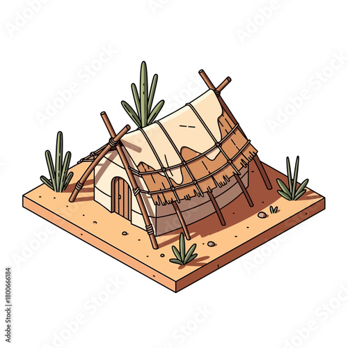 Isometric desert shelter amidst arid plants offering solitude and protection