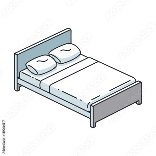 Minimalist Isometric Bed Illustration with Pillows, Duvet, and Headboard