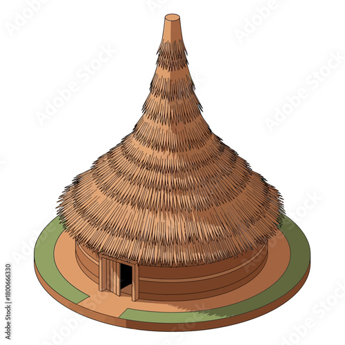 Isometric Illustration of a Traditional Roundhouse dwelling thatched roof