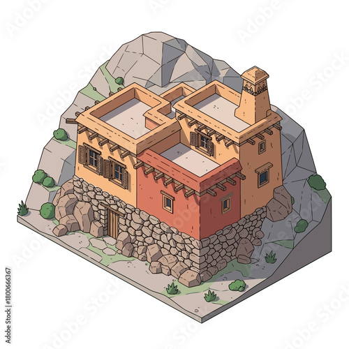 Isometric illustration of a traditional village house nestled on a hillside