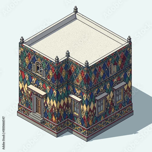 Isometric rendition showcasing a building with intricate diamond patterns and architectural details