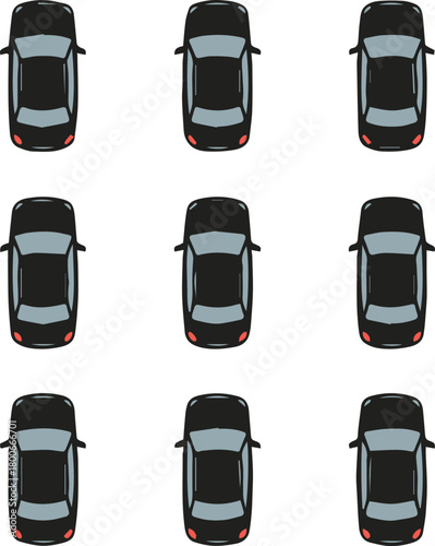 car overhead pattern of nine black cars in neat parking grid arrangement