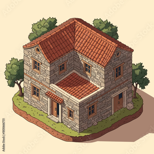 Isometric view of a stone house with a red tile roof and landscaping