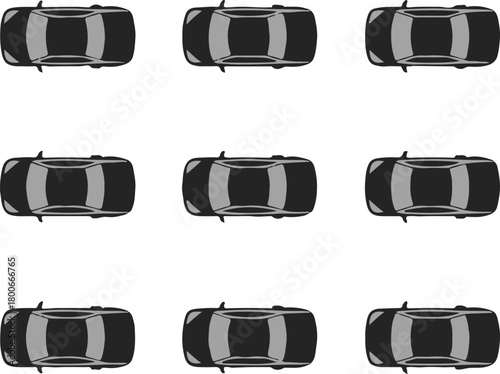 car top-down layout nine identical vehicles arranged in symmetric grid pattern