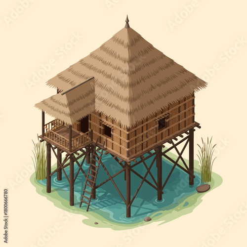 Serene tropical stilt house amidst nature's embrace, water reflections