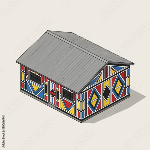 Vibrant Ndebele House Illustration Showcasing Geometric Designs and Colorful Patterns