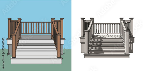 Vector Illustration of Outdoor Deck Stairs with Brown Railings and Blue Sky