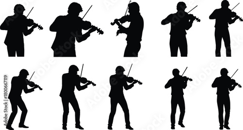 Violin player silhouettes, musical performance poses, black vector art, classical music scene, bow movement, artistic expression, orchestra musician illustration